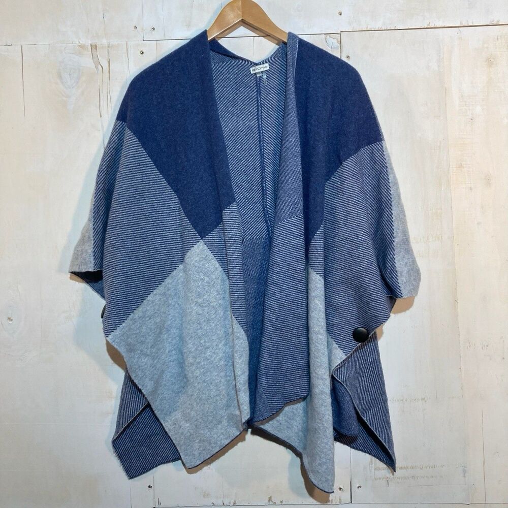 Women's Plaid Wrap Shawl Blue L/XL Button Wool Cashmere Blend Hygge Cozy‎